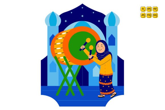 Illustration of Woman Playing Bedug Drum