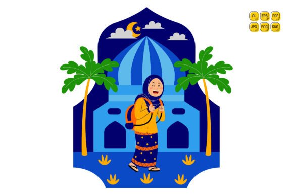 Muslim Girl with Backpack Near Mosque