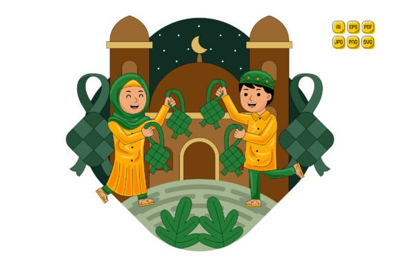 Muslim Man Woman Holding Ketupat