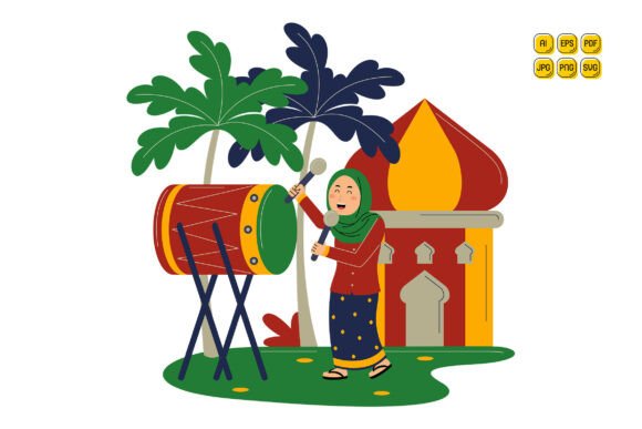 Woman Muslim Playing Drum at Mosque
